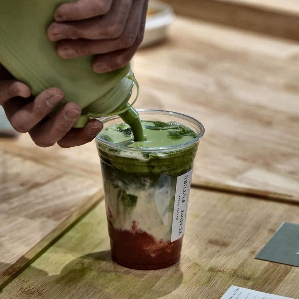 Matcha poured over milk