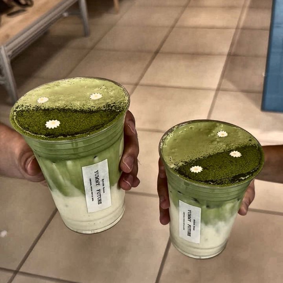 Two iced matcha lattes